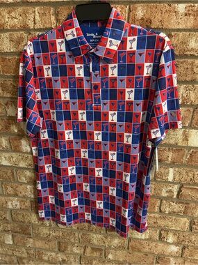 Birdie Bound Men's Red & Blue Cocktail Print Short Sleeve Golf Polo Size Small